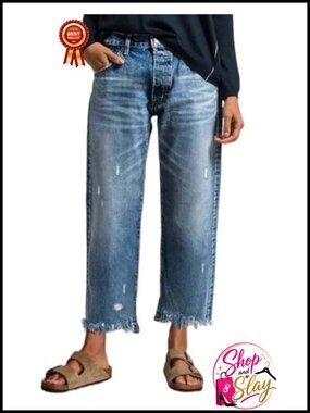 High Waisted Straight Leg Cropped Jeans Frayed Hem Distressed Denim Pants